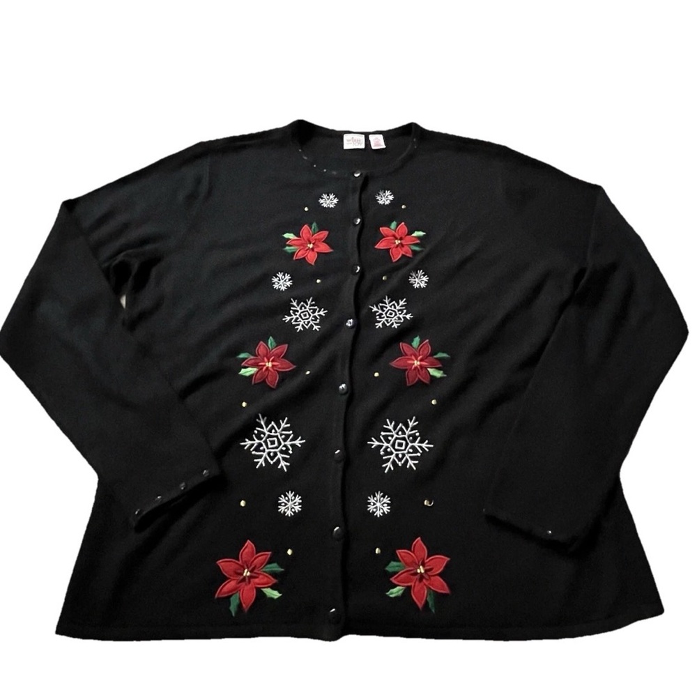 Wish Joy Black Cardigan Sweater Poinsettia Snowflake Sequins Christmas Winter L